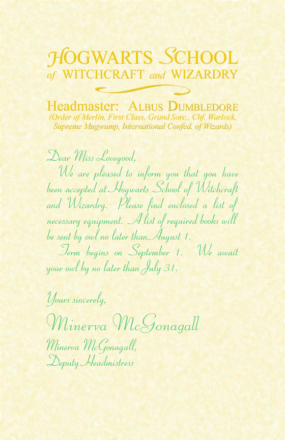 Hogwarts Acceptance Letter